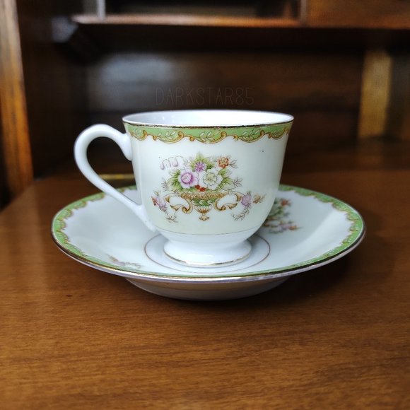 Vintage Cherry China Occupied Japan Floral Demitasse Teacup and Saucer - Picture 1 of 11
